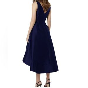 ALFRED SUNG V-Neck tea length satin bridesmaid High Low Dress navy blue size 0